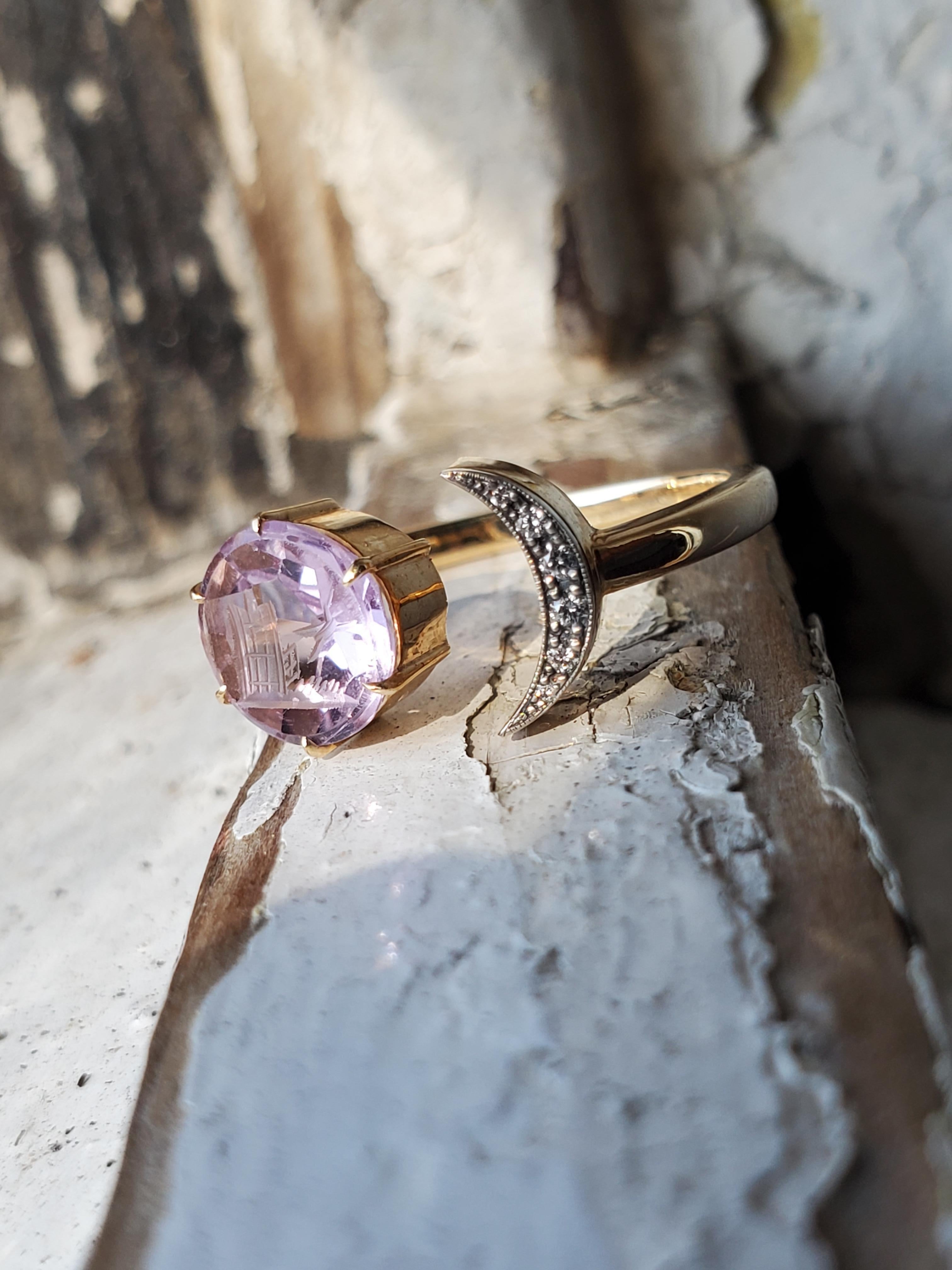 Bague en or jaune 14K, diamants et améthyste, sceau de lune en intaille ancienne en vente 1