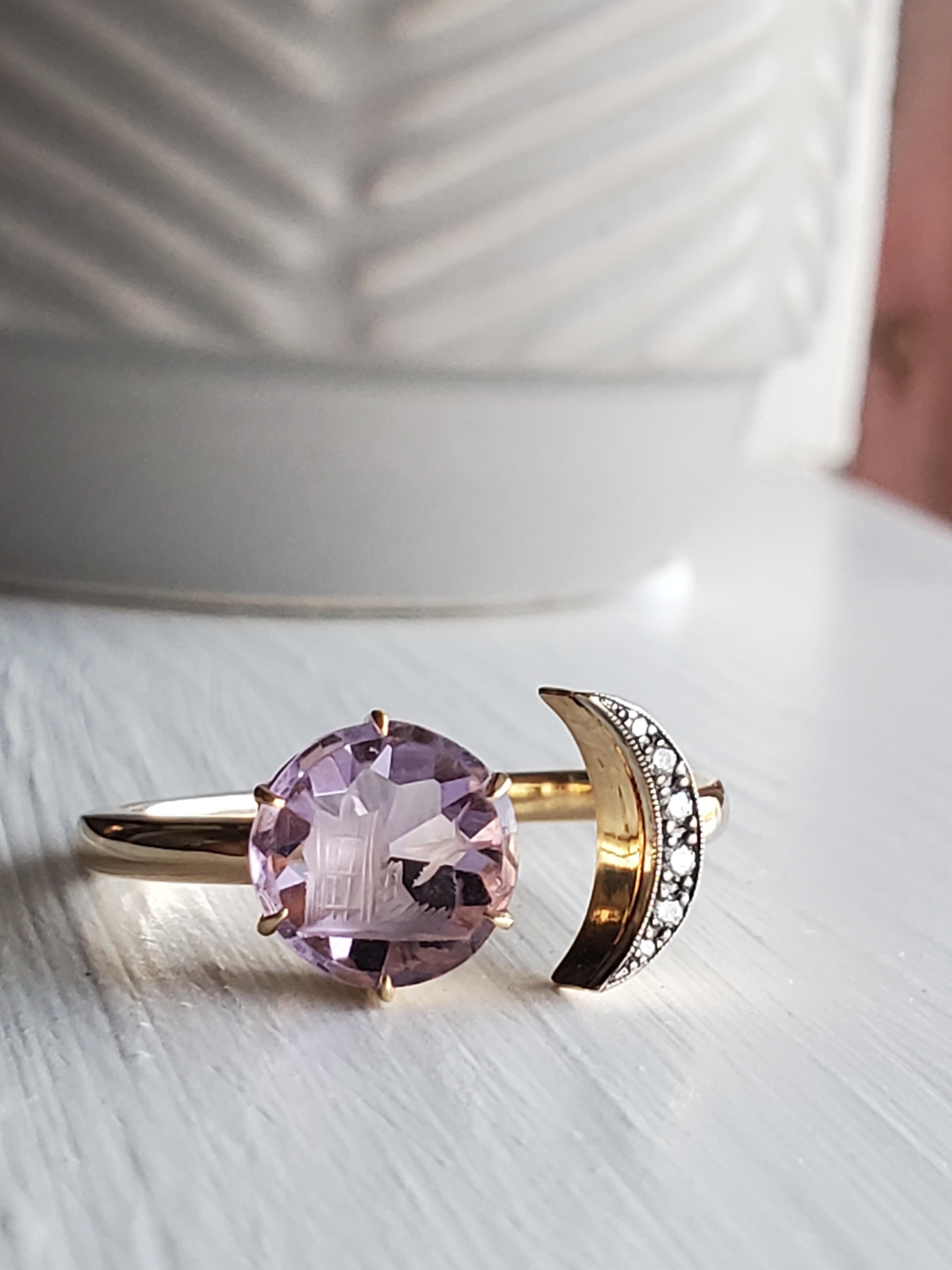Bague en or jaune 14K, diamants et améthyste, sceau de lune en intaille ancienne en vente 2