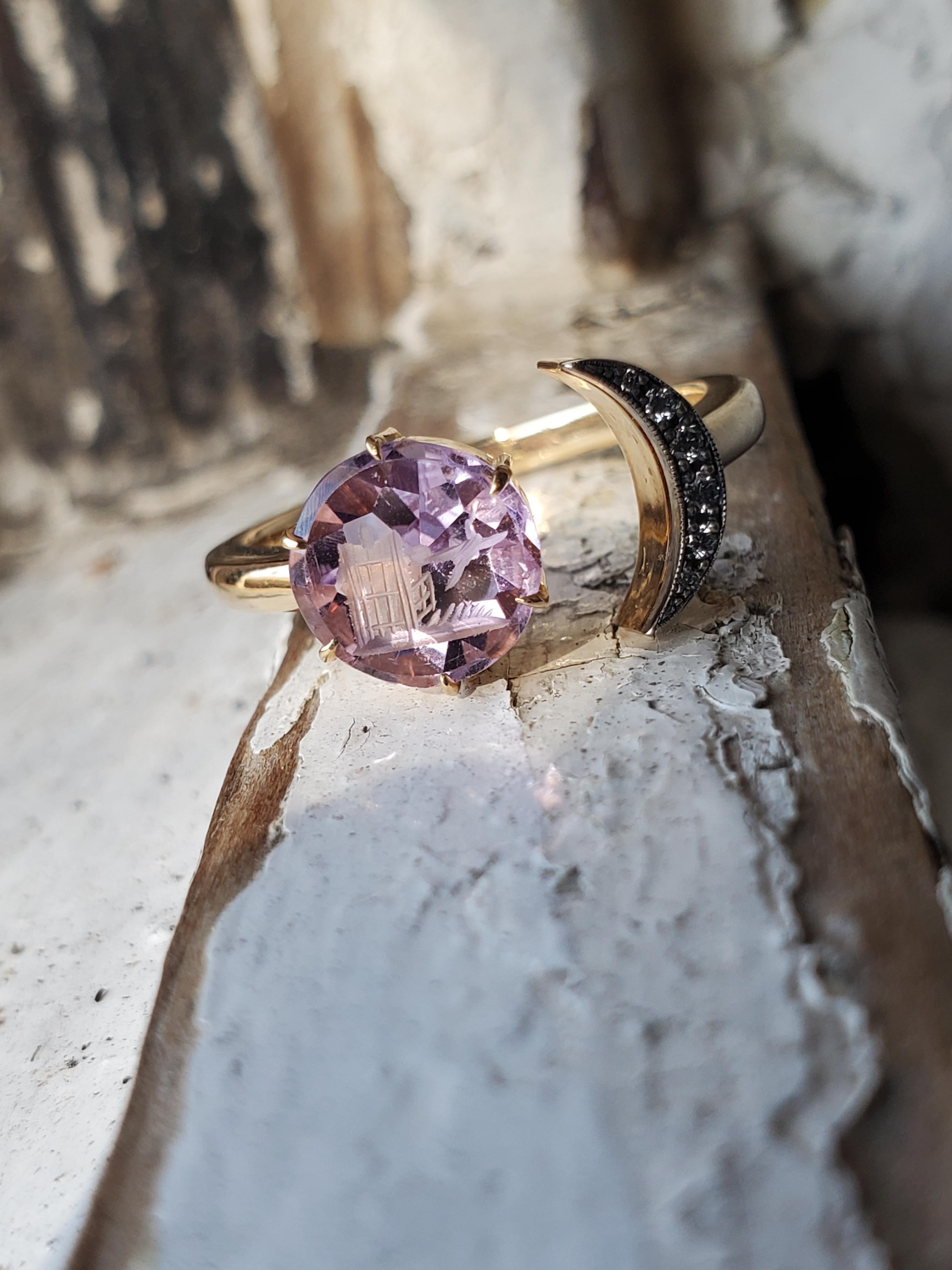 Bague en or jaune 14K, diamants et améthyste, sceau de lune en intaille ancienne en vente 3