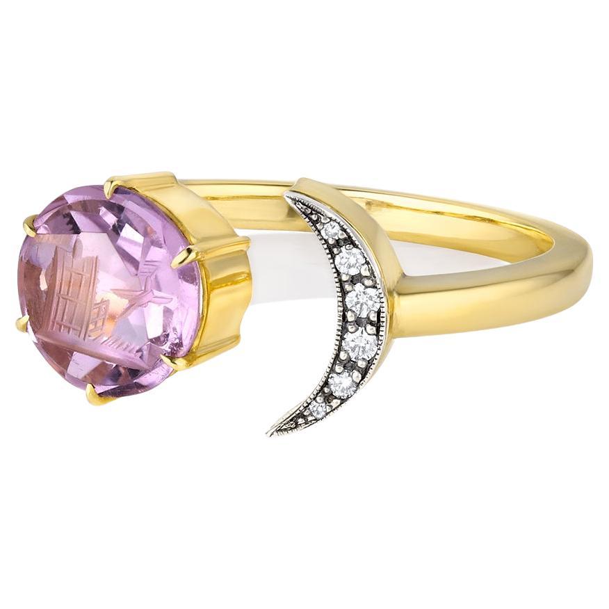 Bague en or jaune 14K, diamants et améthyste, sceau de lune en intaille ancienne en vente