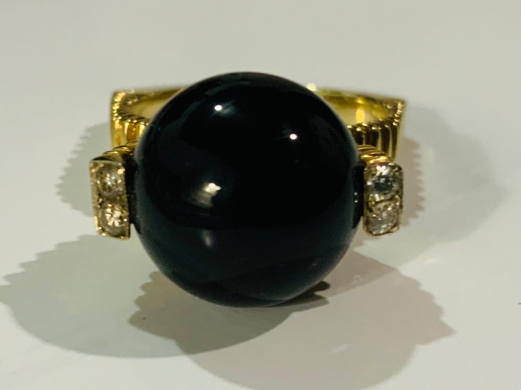 14K Yellow Gold Diamonds And Black Stone Ring For Sale 6