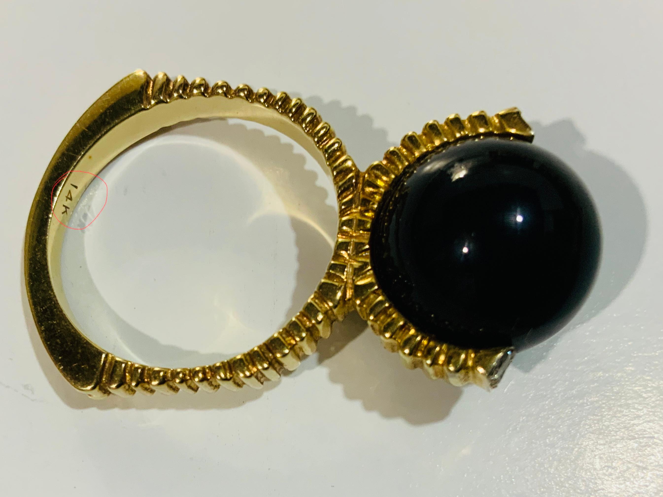 14K Yellow Gold Diamonds And Black Stone Ring For Sale 7