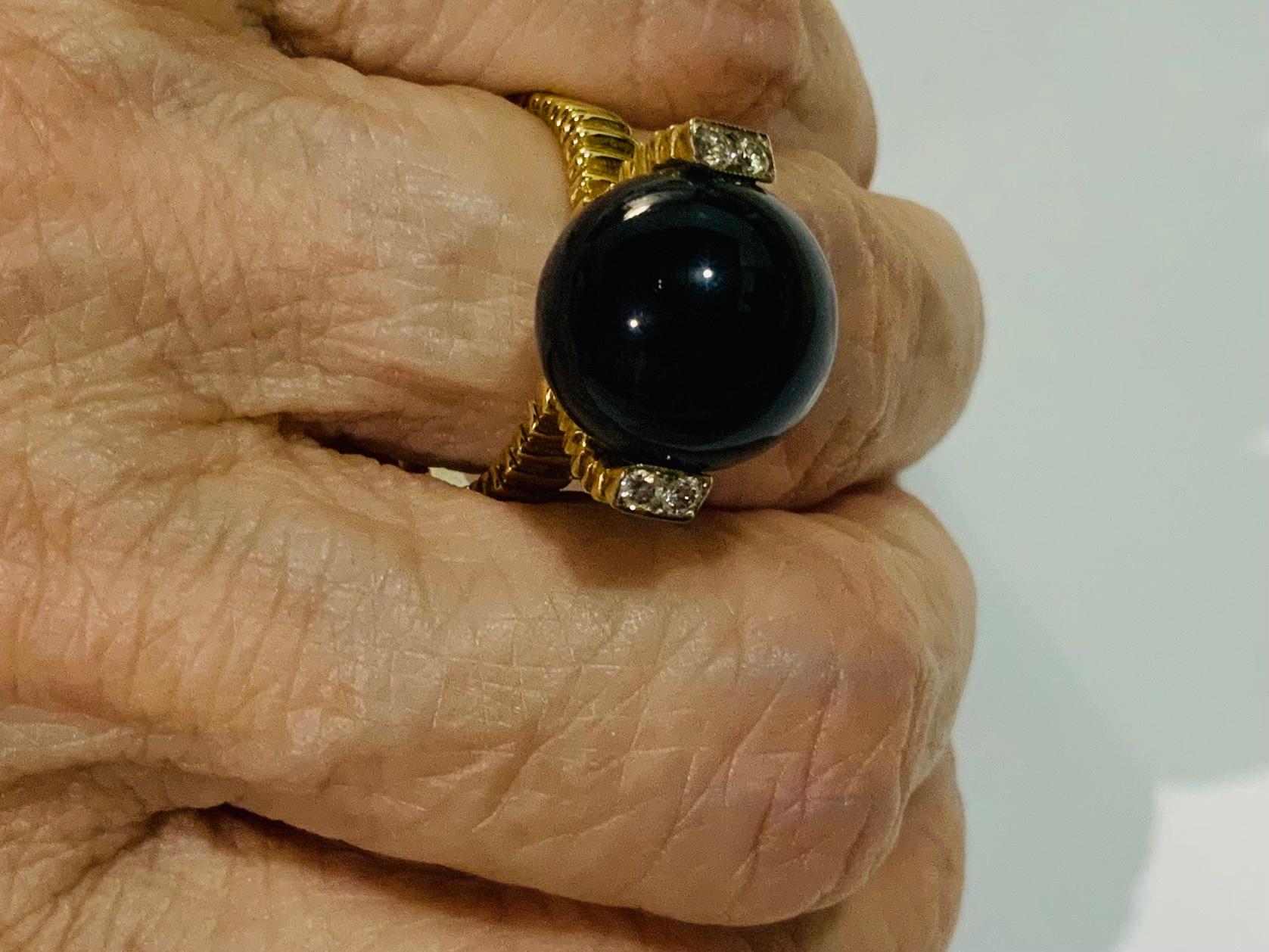 14K Yellow Gold Diamonds And Black Stone Ring For Sale 2