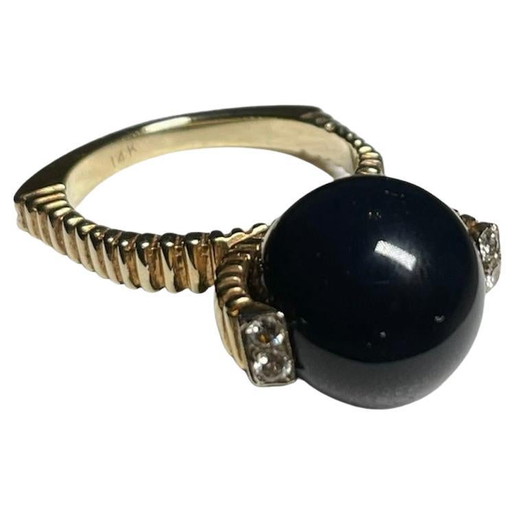 14K Yellow Gold Diamonds And Black Stone Ring For Sale