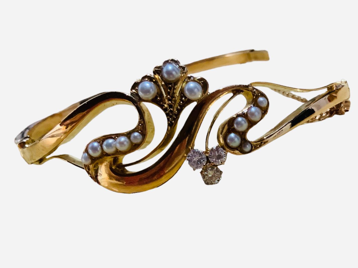 Women's 14k Yellow Gold Diamonds and Pearls Bangle For Sale