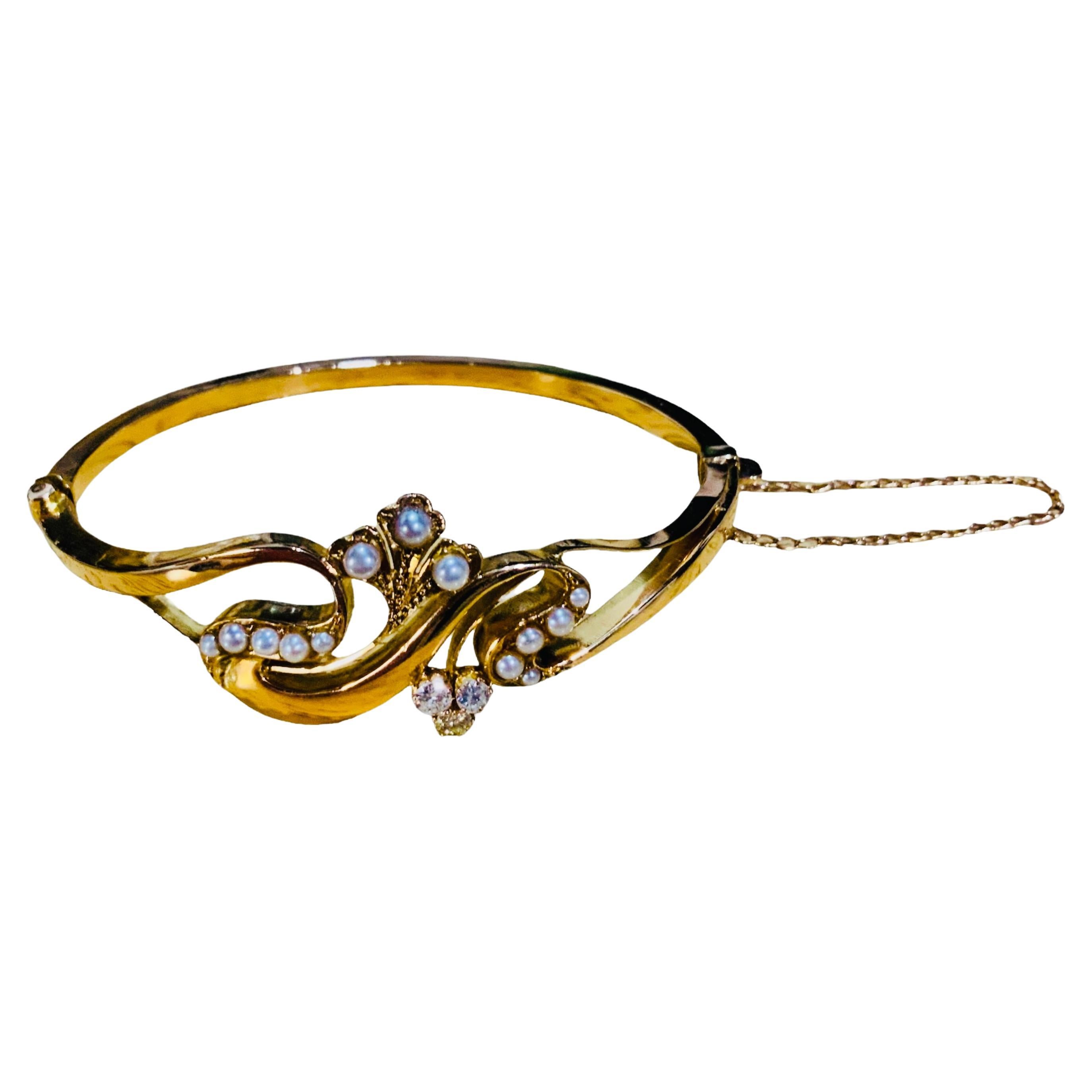 14k Yellow Gold Diamonds and Pearls Bangle