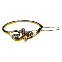 Antique 14k Yellow Gold Diamonds and Pearls Bangle