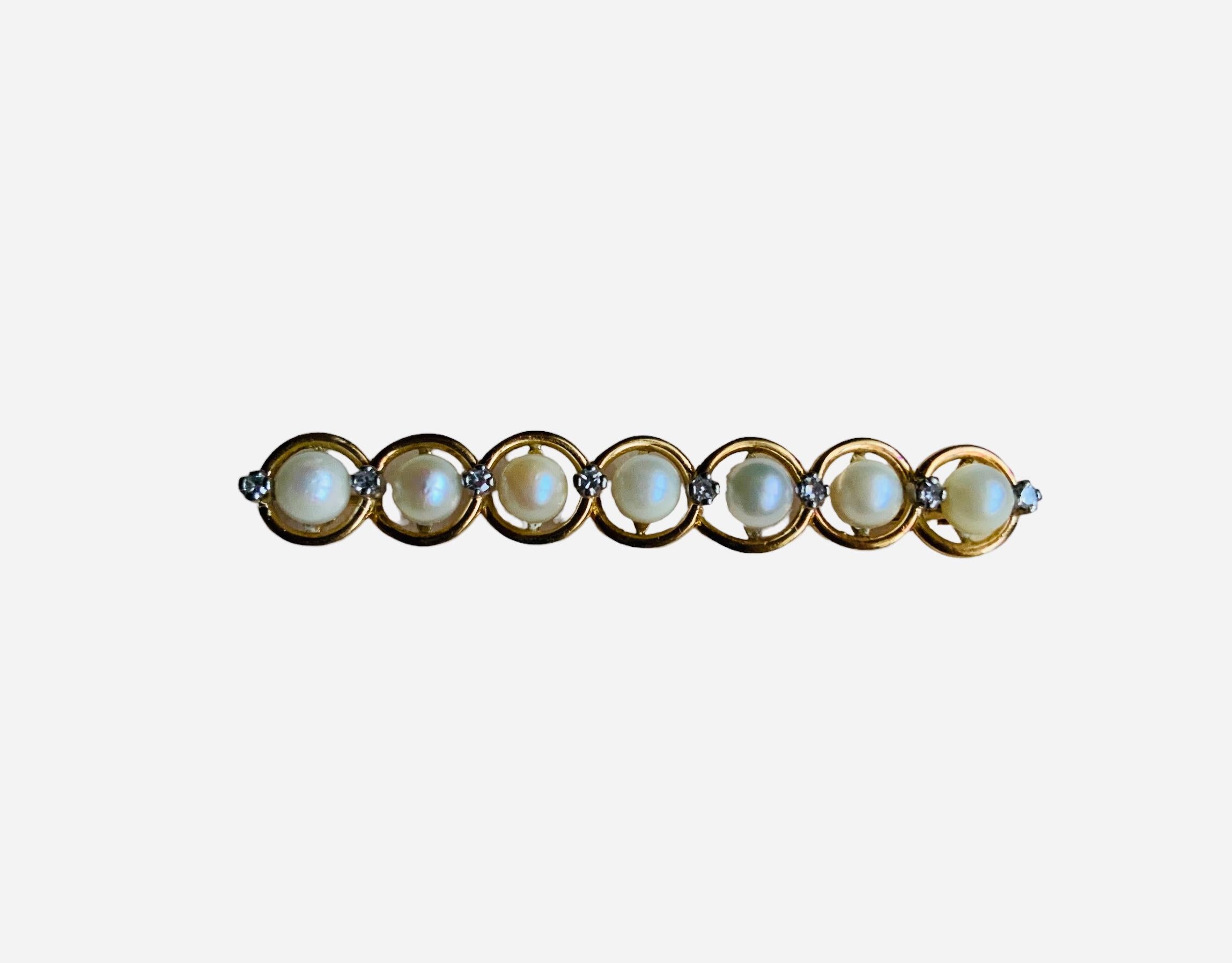 14k Yellow Gold Diamonds and Pearls Bar Brooch For Sale 7