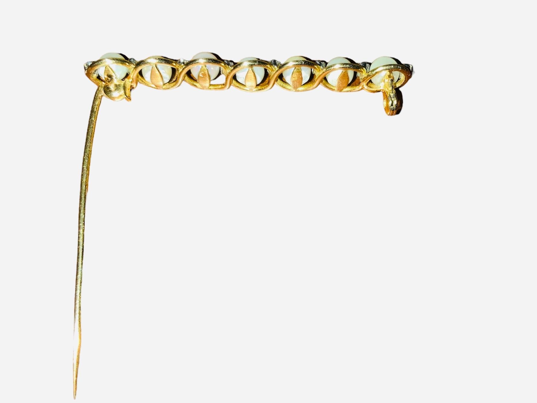 14k Yellow Gold Diamonds and Pearls Bar Brooch For Sale 1