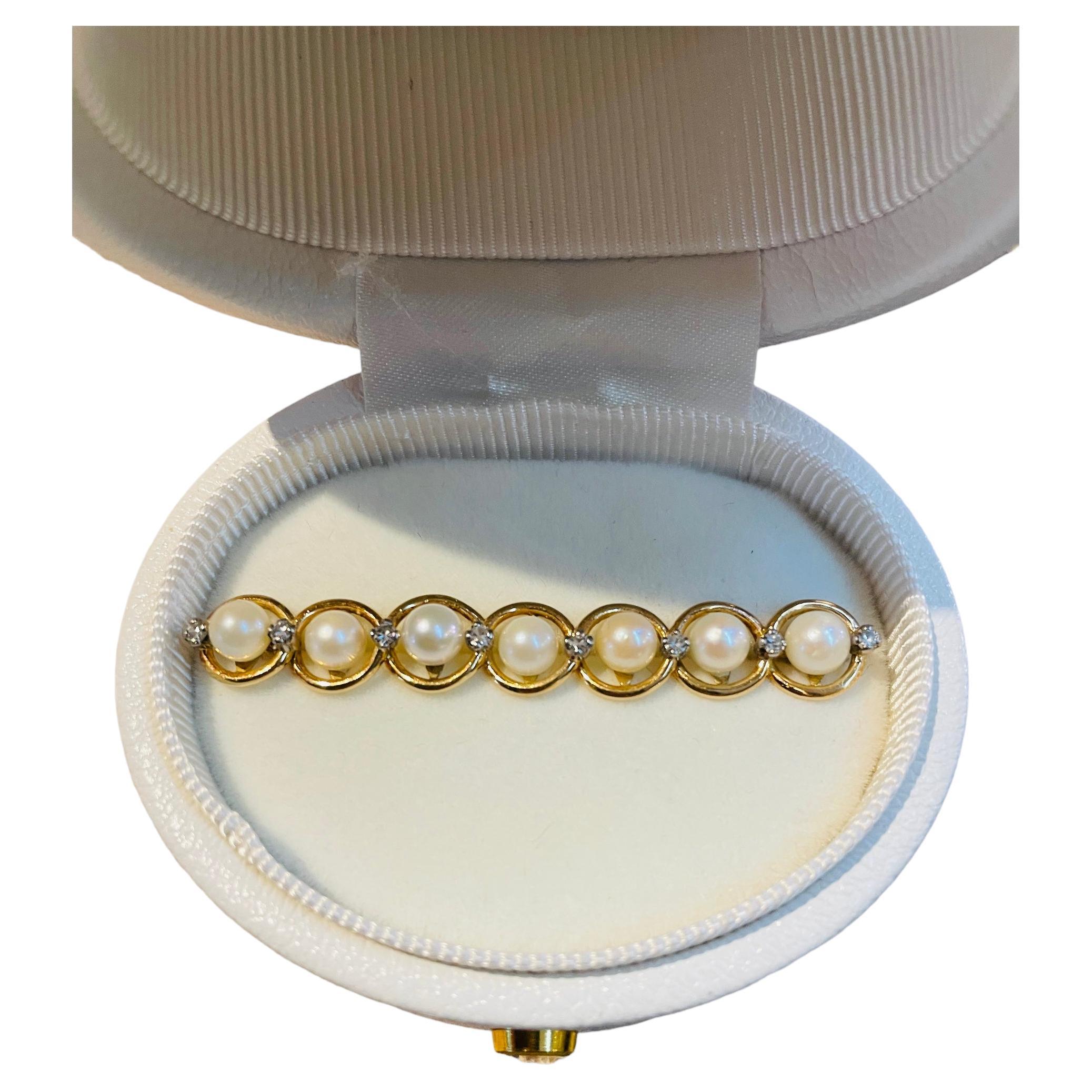 Broche Barra Oro Amarillo 14K Diamantes Y Perlas