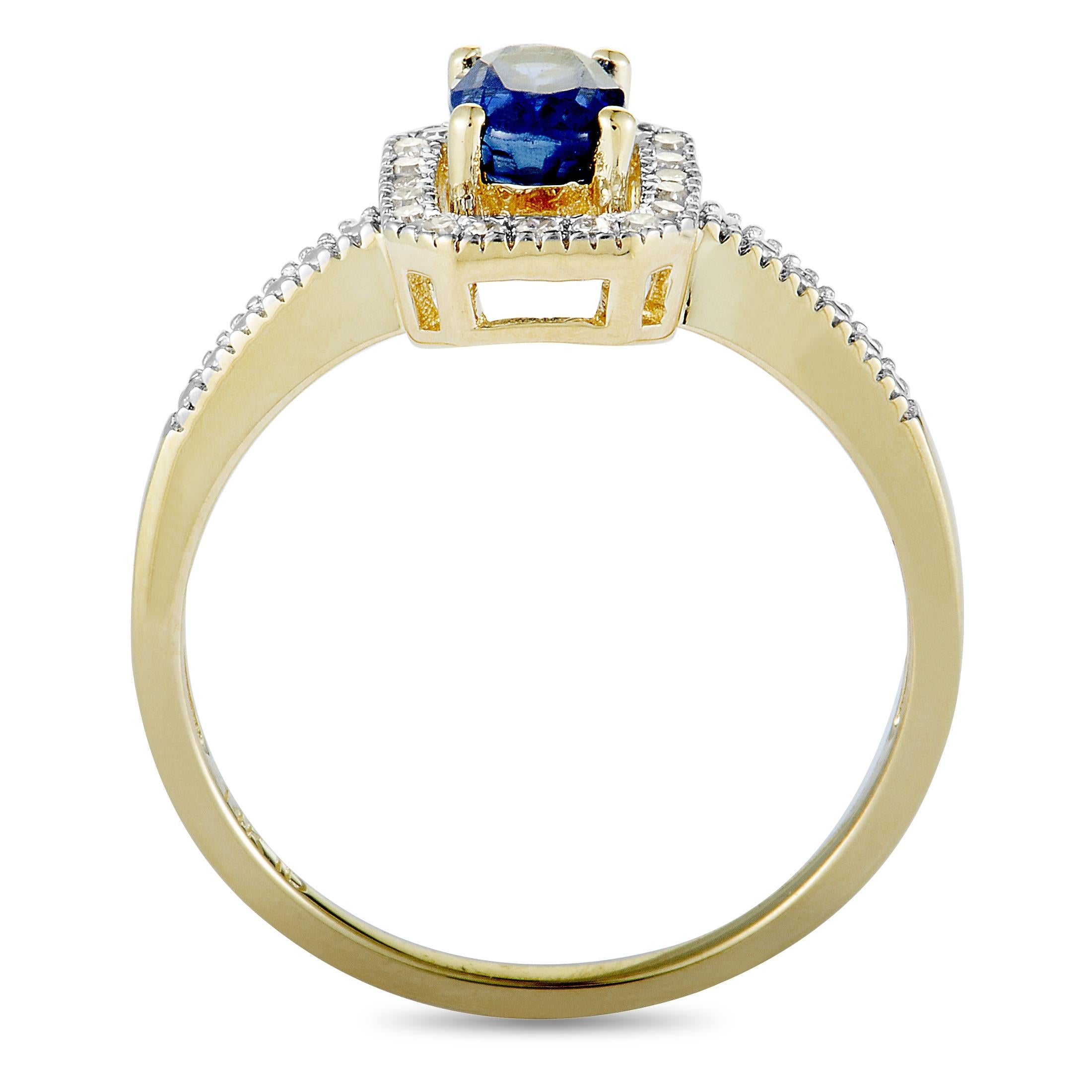 This ring is made of 14K yellow gold and weighs 2.3 grams, boasting band thickness of 1 mm and top height of 6 mm, while top dimensions measure 19 by 9 mm. The ring is set with a sapphire and with a total of 0.12 carats of diamonds.
 
 Offered in