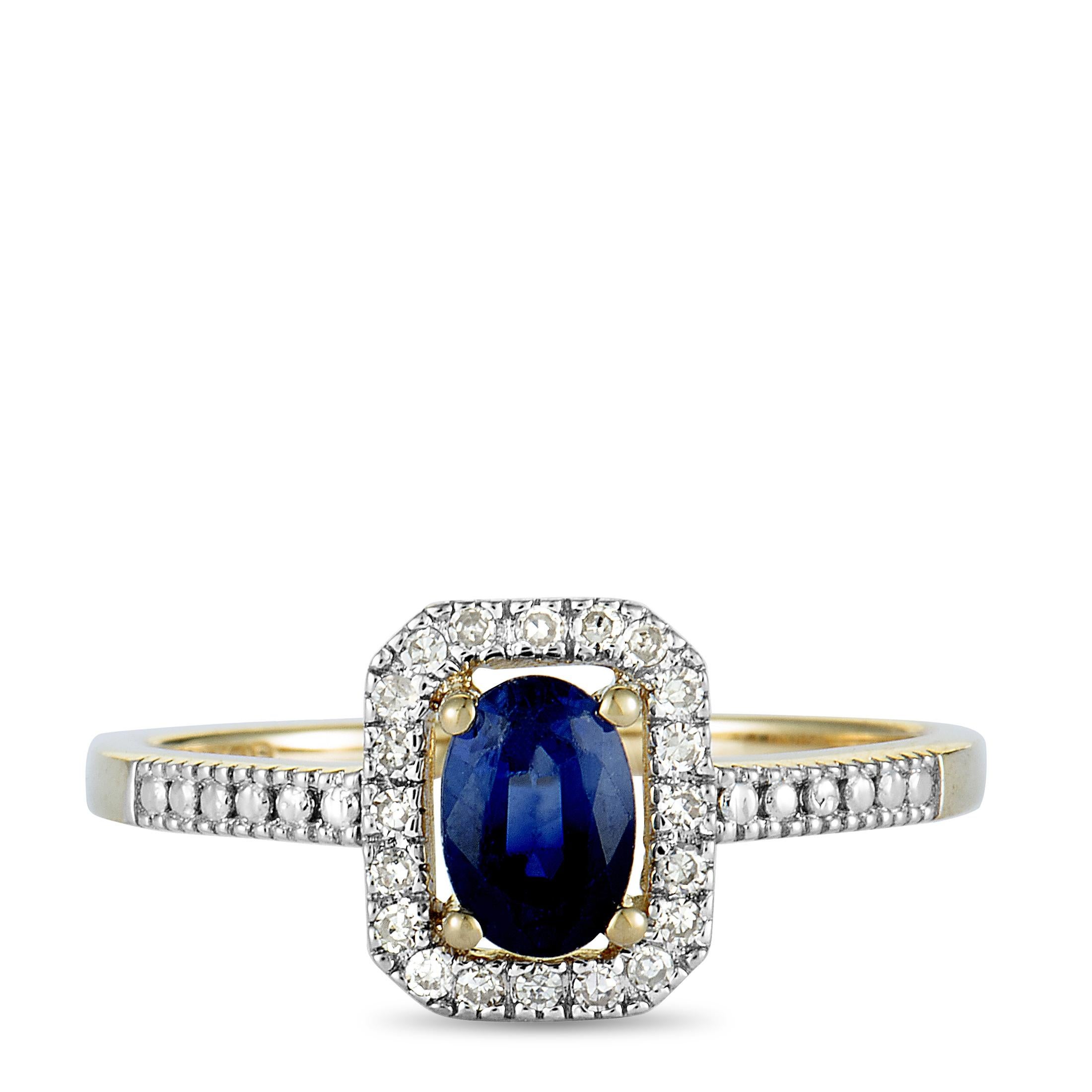 14 Karat Yellow Gold Diamonds and Sapphire Small Rectangle Ring 1