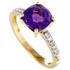 14 Karat Yellow Gold Diamonds and Small Square Cushion Amethyst Ring