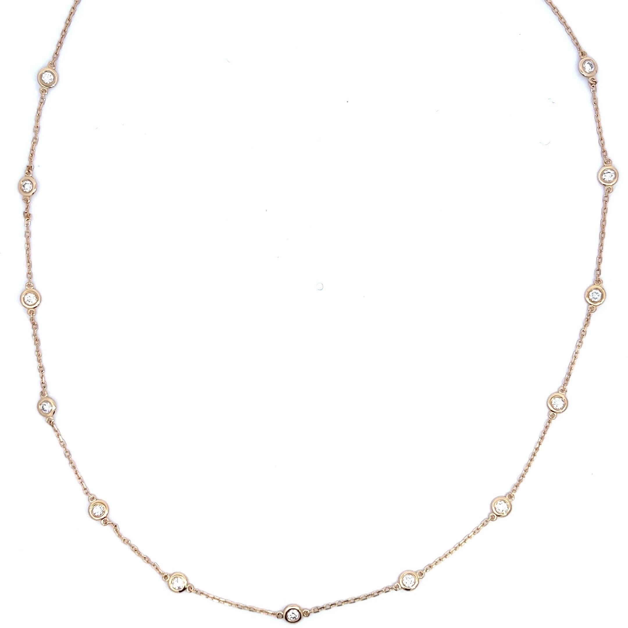 14k Yellow Gold Diamonds by the yard Necklace with 16 Natural Full Cut Diamonds  For Sale