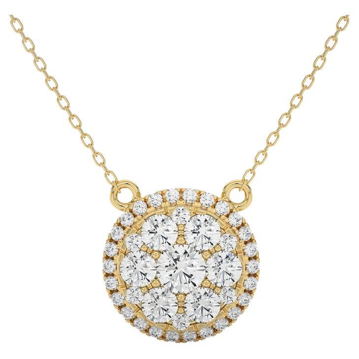14K Yellow Gold Diamonds Moonlight Round Cluster Necklace -1 ctw For Sale