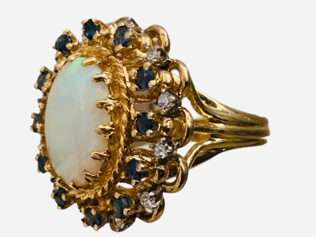 Women's 14K Yellow Gold Diamonds, Opal And Sapphires Cocktail Ring For Sale