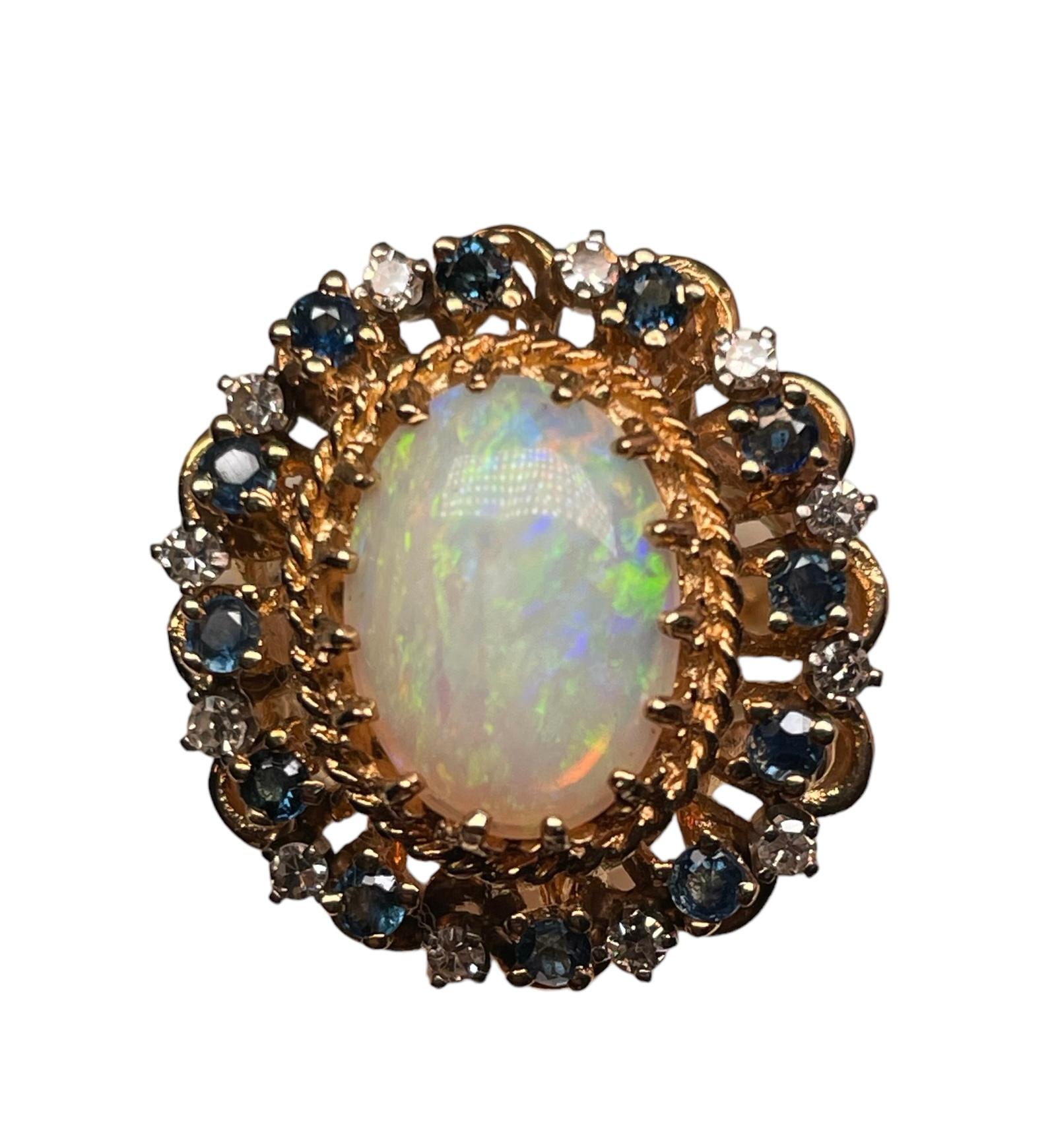 14K Yellow Gold Diamonds, Opal And Sapphires Cocktail Ring For Sale 5