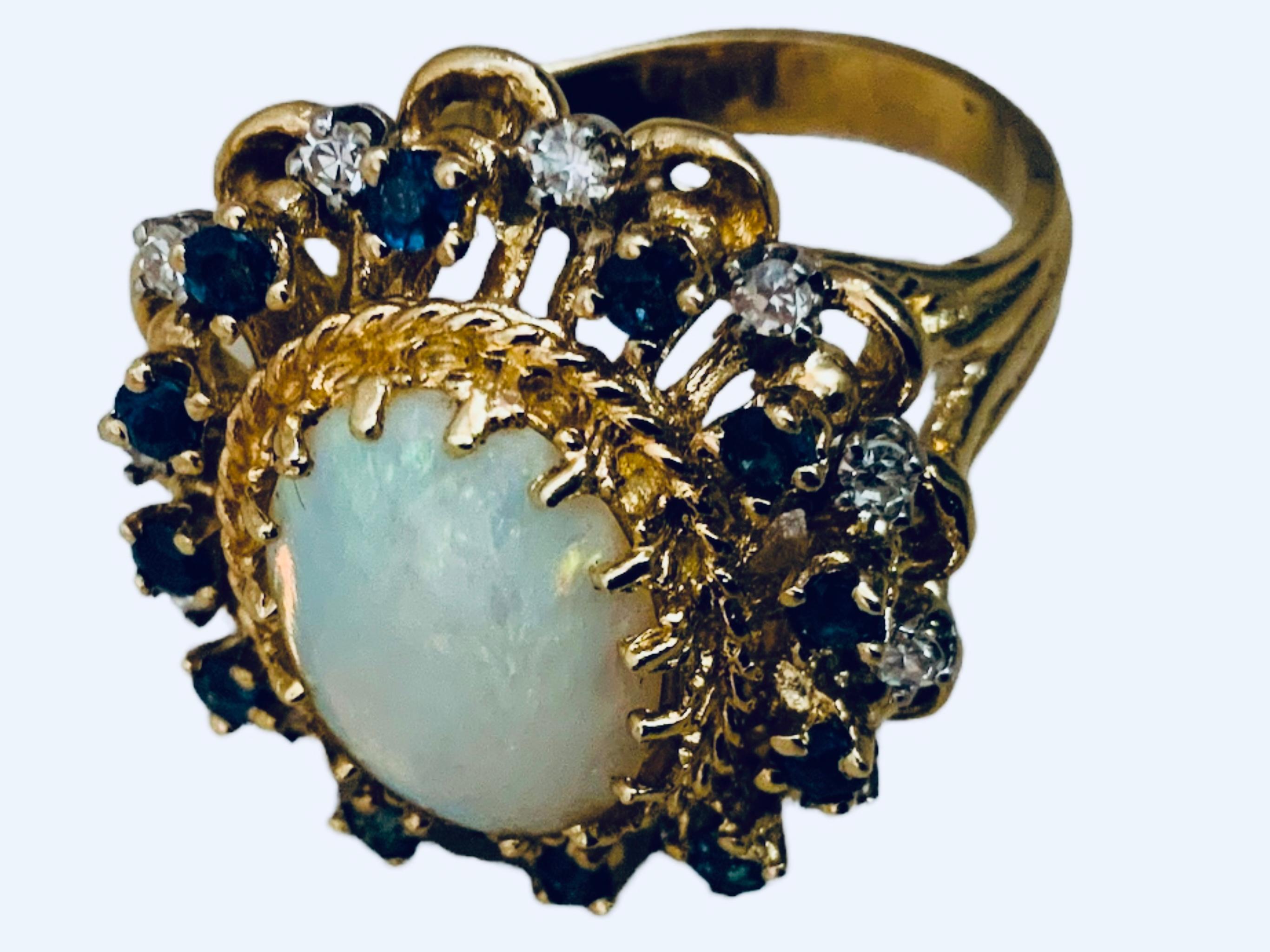 14K Yellow Gold Diamonds, Opal And Sapphires Cocktail Ring For Sale 2