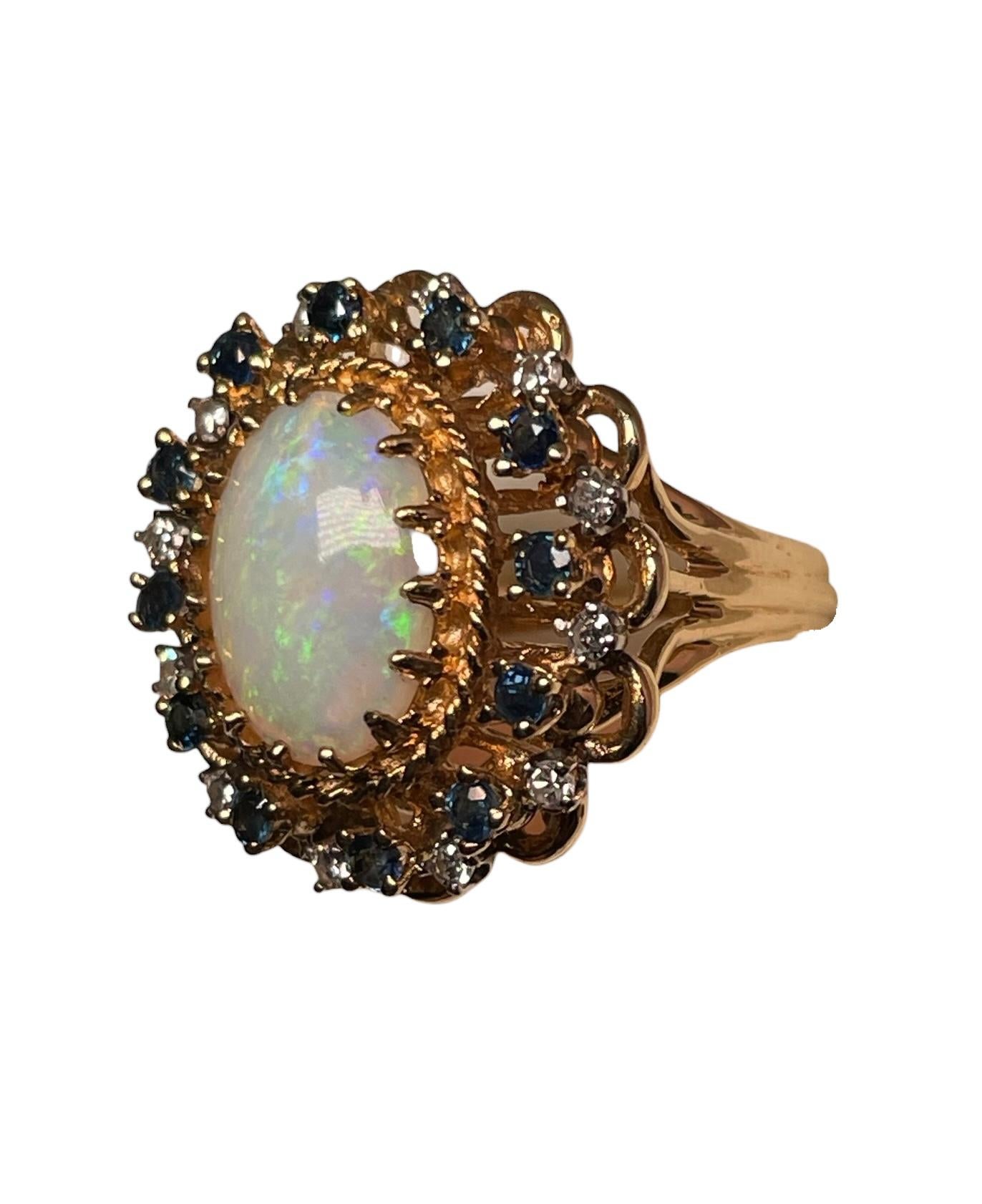 14K Yellow Gold Diamonds, Opal And Sapphires Cocktail Ring For Sale 6