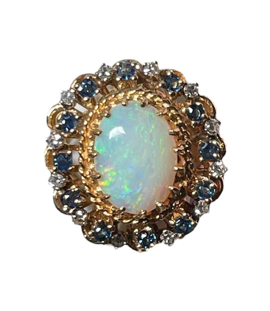 14K Yellow Gold Diamonds, Opal And Sapphires Cocktail Ring For Sale 3