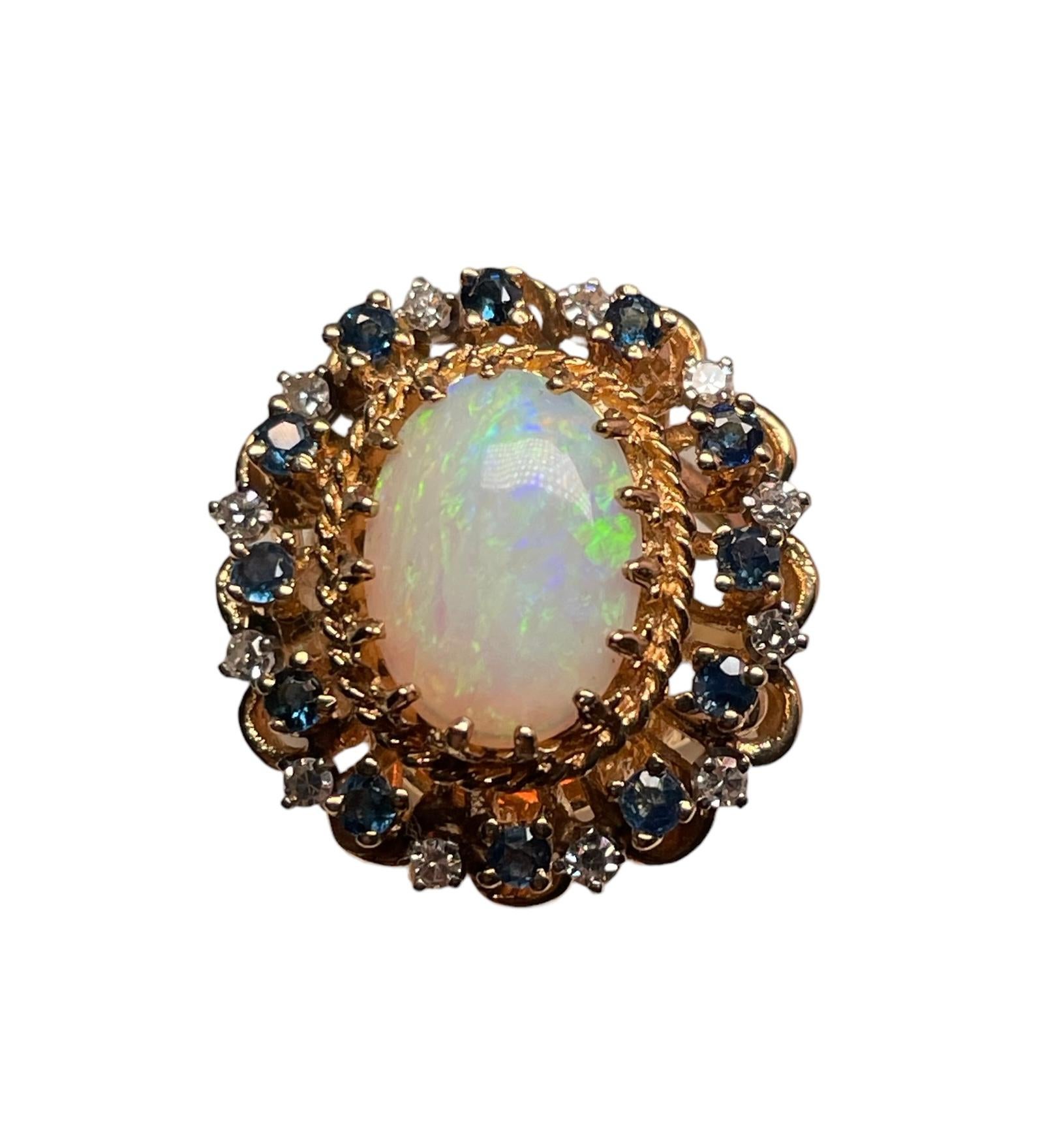 14K Yellow Gold Diamonds, Opal And Sapphires Cocktail Ring For Sale 7