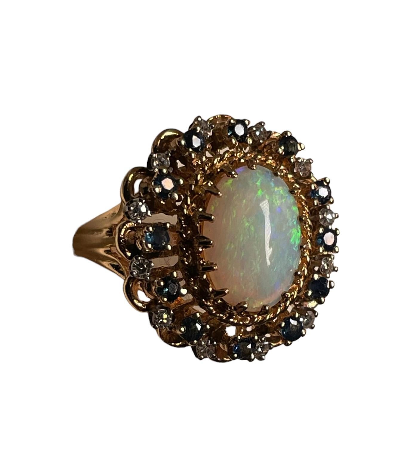 14K Yellow Gold Diamonds, Opal And Sapphires Cocktail Ring For Sale 9
