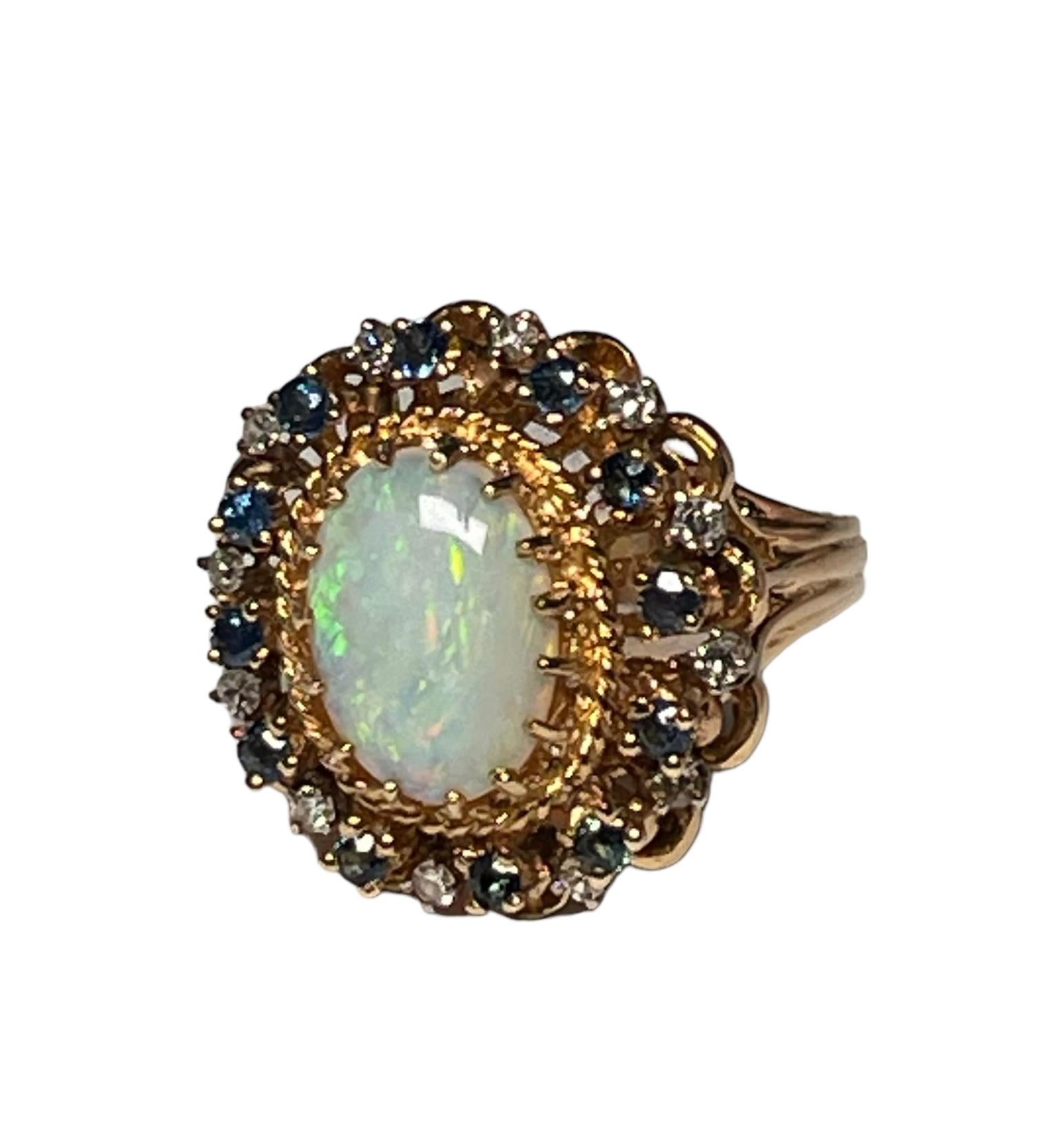 14K Yellow Gold Diamonds, Opal And Sapphires Cocktail Ring For Sale 12