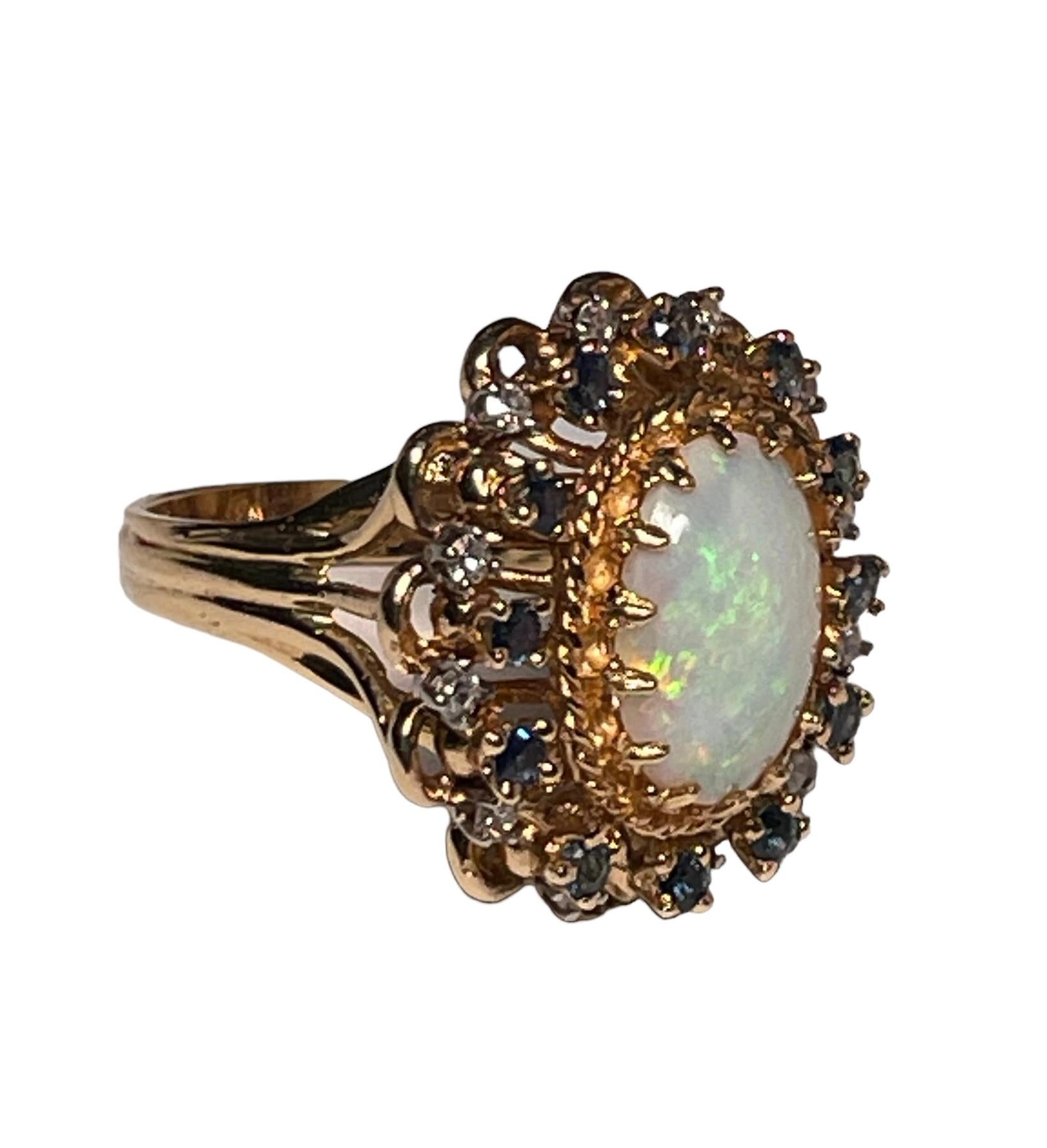 14K Yellow Gold Diamonds, Opal And Sapphires Cocktail Ring For Sale 13