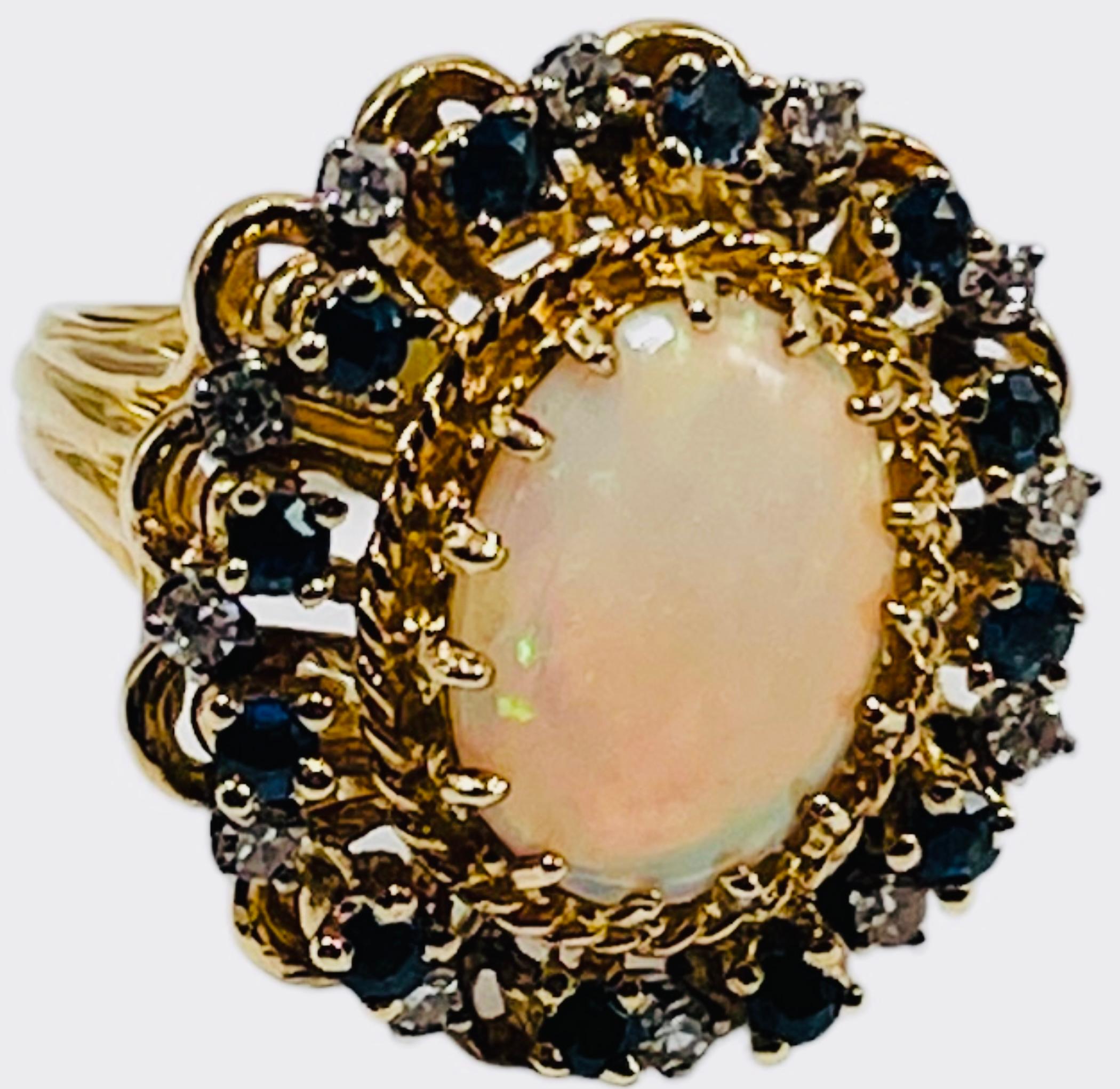 Retro 14K Yellow Gold Diamonds, Opal And Sapphires Cocktail Ring For Sale