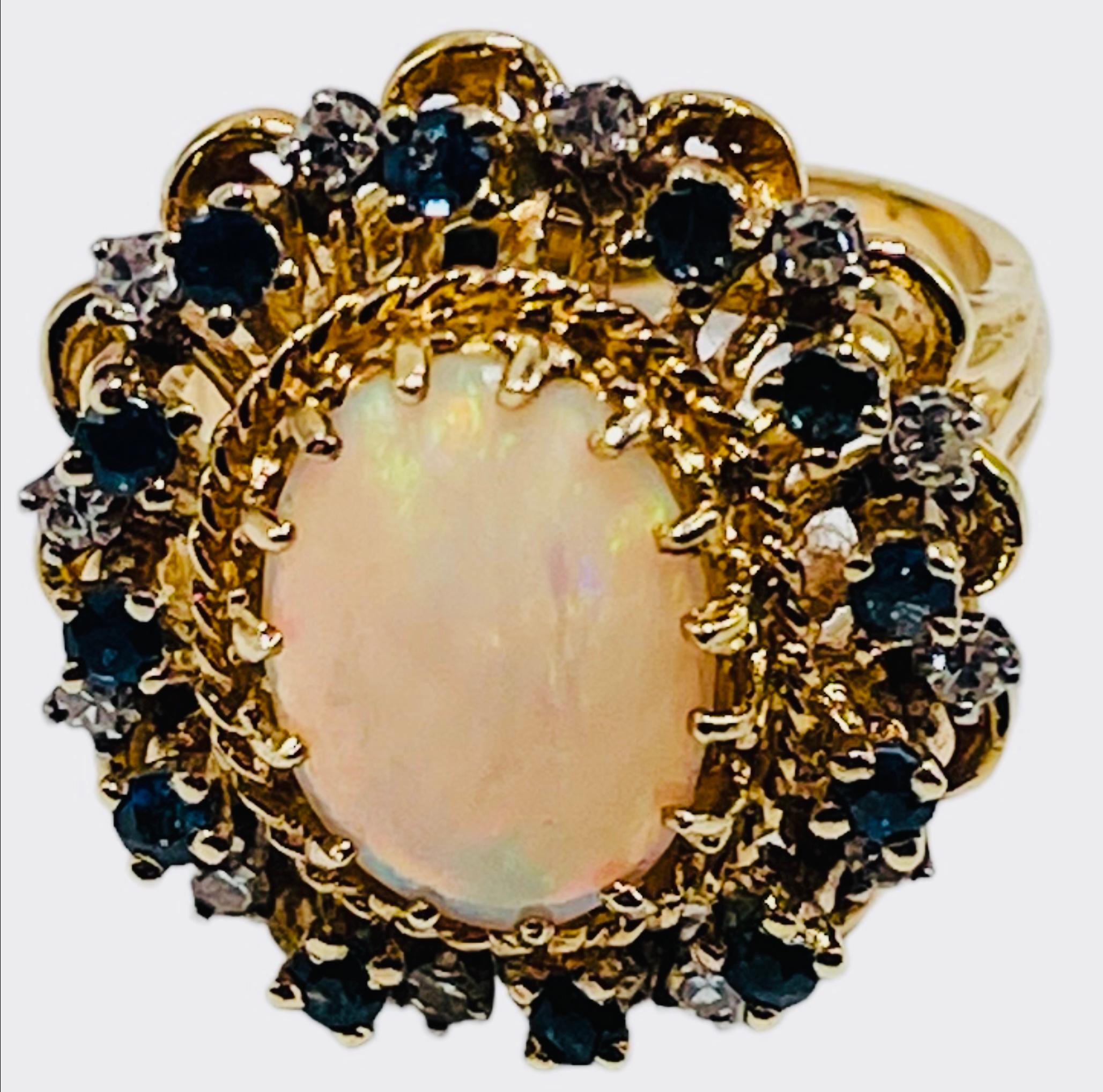 Round Cut 14K Yellow Gold Diamonds, Opal And Sapphires Cocktail Ring For Sale
