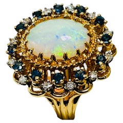 Vintage 14K Yellow Gold Diamonds, Opal And Sapphires Cocktail Ring