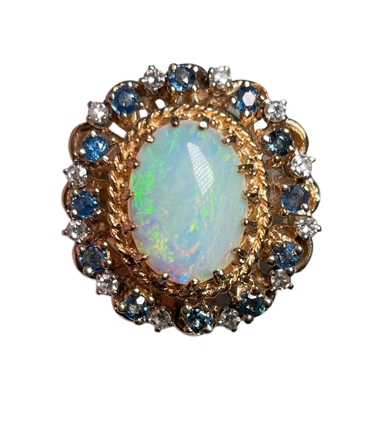 14K Yellow Gold Diamonds, Opal And Sapphires Cocktail Ring For Sale