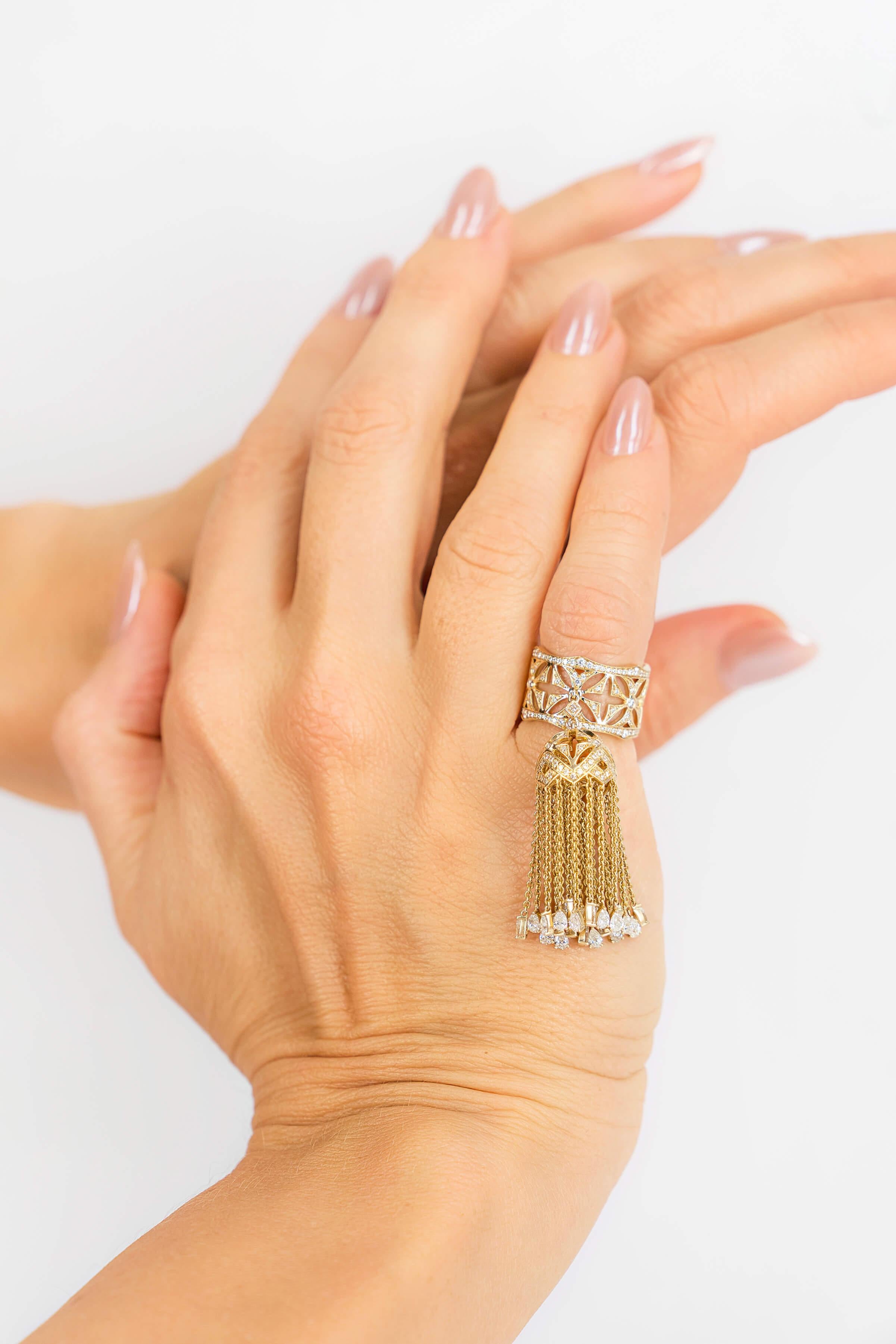 14k Yellow Gold and Diamonds Tassel Pinkie Ring In New Condition For Sale In BRISBANE, QLD