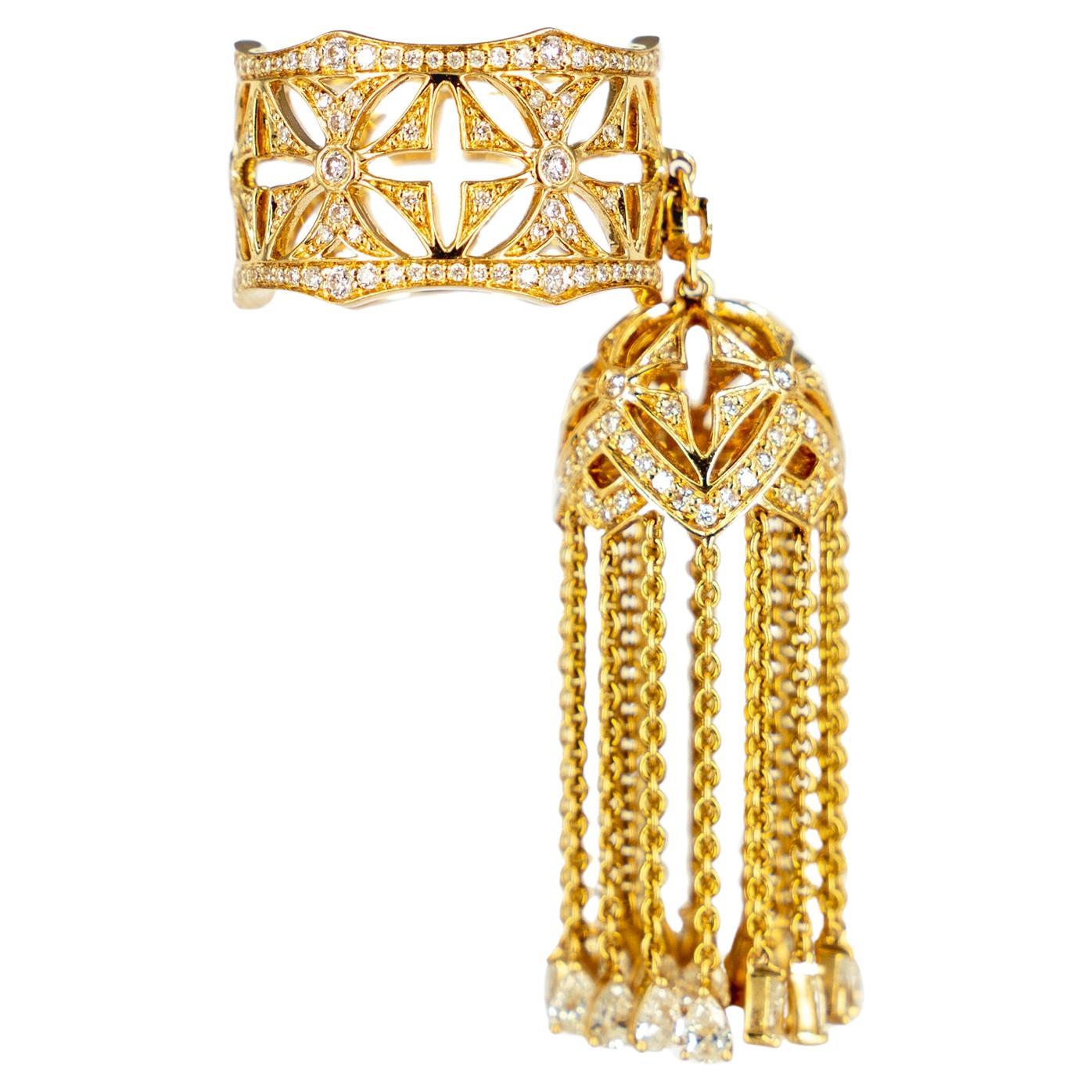 14k Yellow Gold and Diamonds Tassel Pinkie Ring For Sale