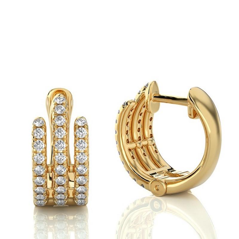 Total Carat Weight: These exquisite Triple Row Huggies Earrings feature a total carat weight of 0.4 carats, highlighting the brilliance of 64 excellent quality round diamonds meticulously set in a captivating micro setting.

Diamonds: The earrings