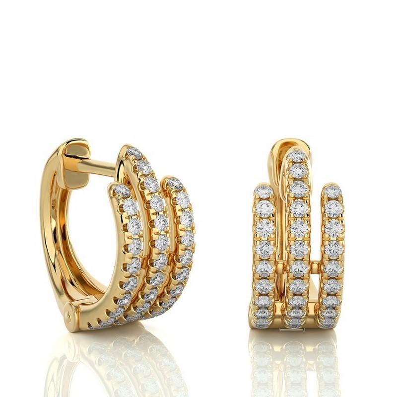 Modern 14K Yellow Gold Diamonds Triple Row Huggies Earring -0.40 CTW For Sale