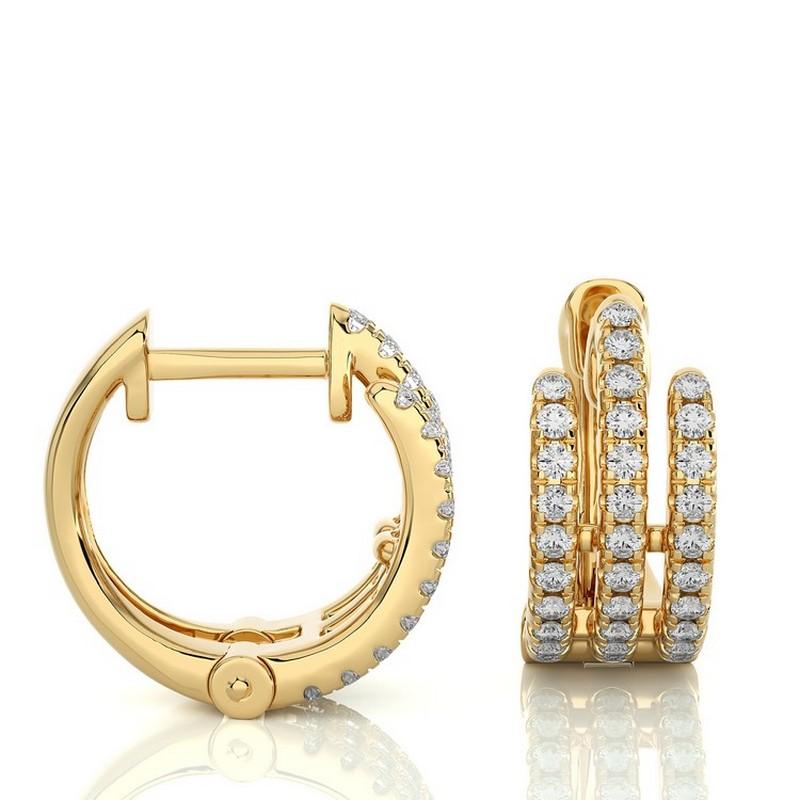 Round Cut 14K Yellow Gold Diamonds Triple Row Huggies Earring -0.40 CTW For Sale
