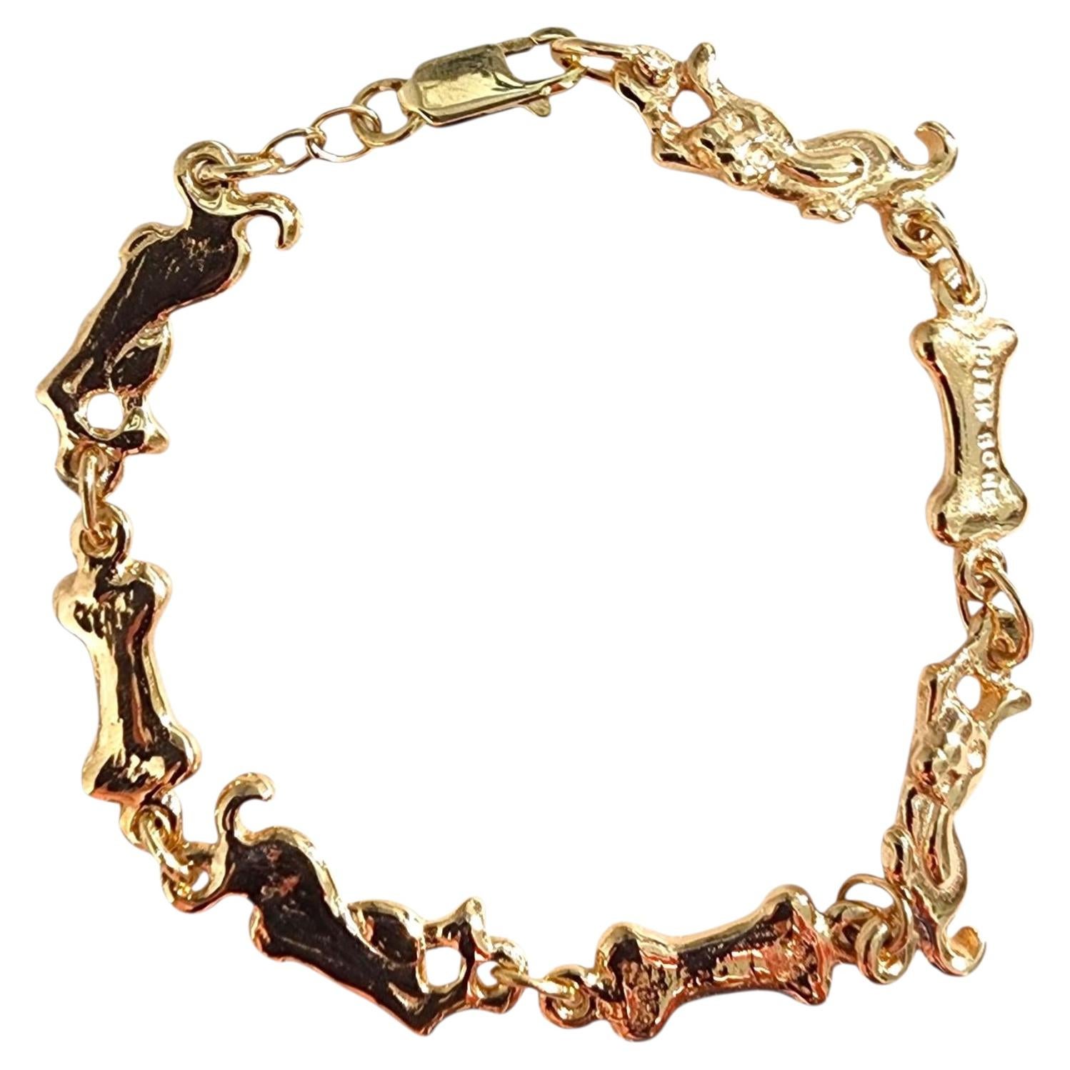 14K Yellow Gold Dog and Milk Bone Charm Bracelet #25535 For Sale