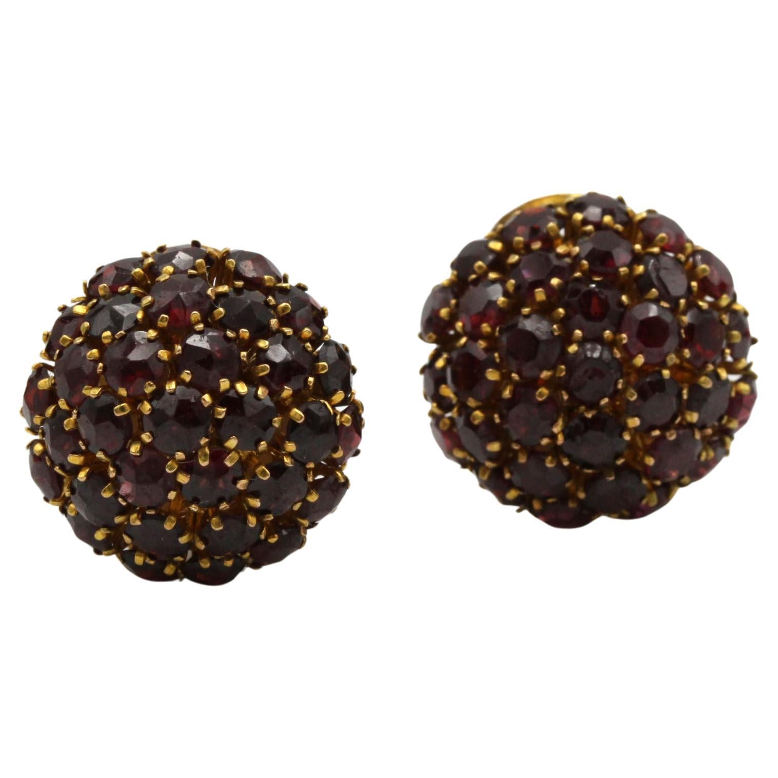 14K Yellow Gold Dome Garnet Cluster Earrings