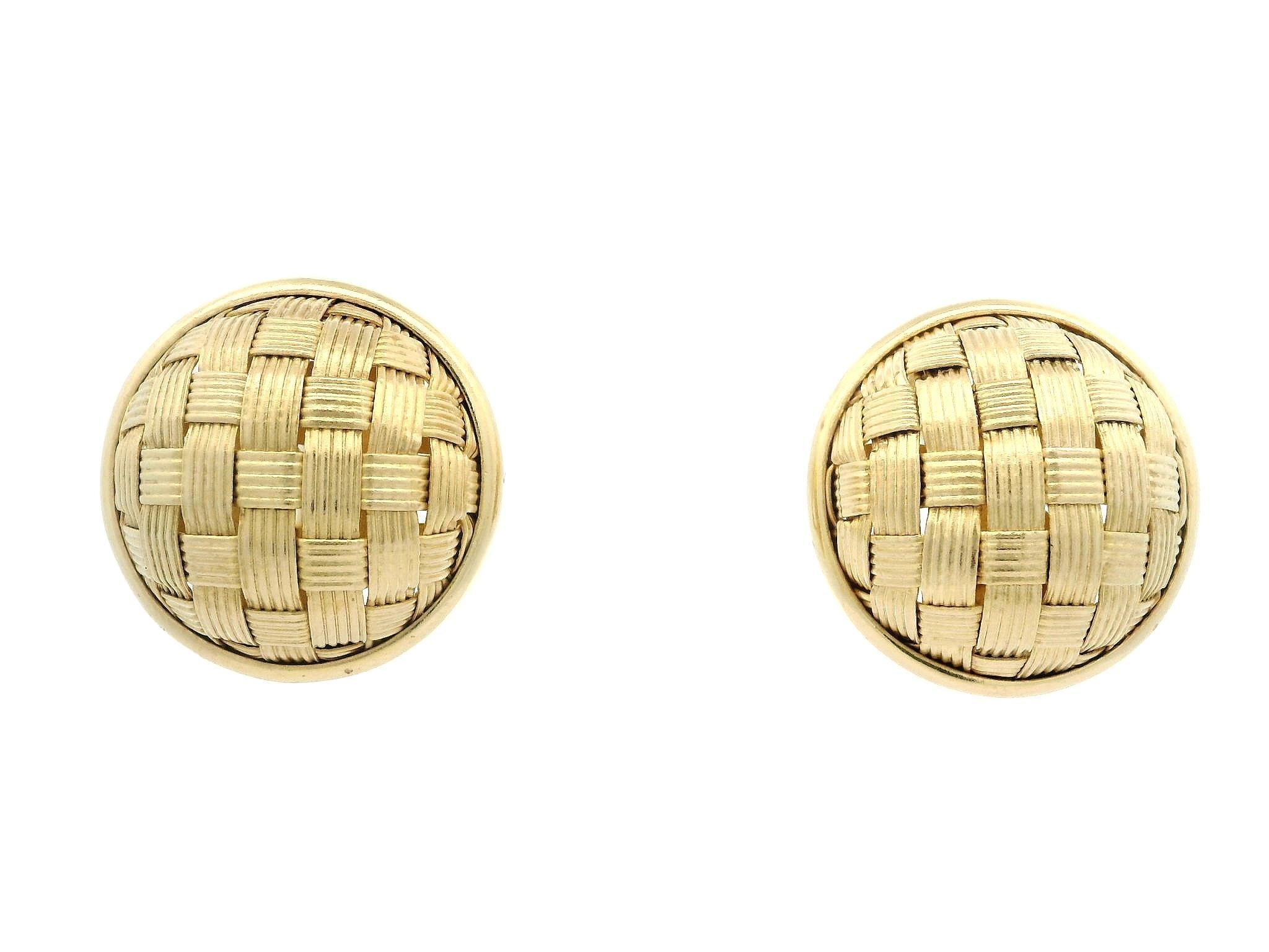 14k Yellow Gold Domed Basketweave Textures Woven Round Button Earrings 2