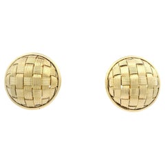 14k Yellow Gold Domed Basketweave Textures Woven Round Button Earrings