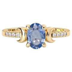 14k Yellow Gold Doom Moon Natural Blue Sapphire Diamond Engagement Ring