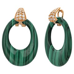14K Yellow Gold Door Knocker Drop Earrings with Carved Malachite and Diamonds