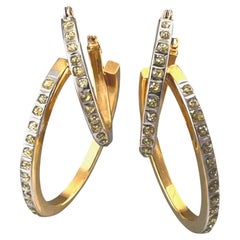 14K Yellow Gold Double Diamond Hoop Earrings with Beaded Square Motif