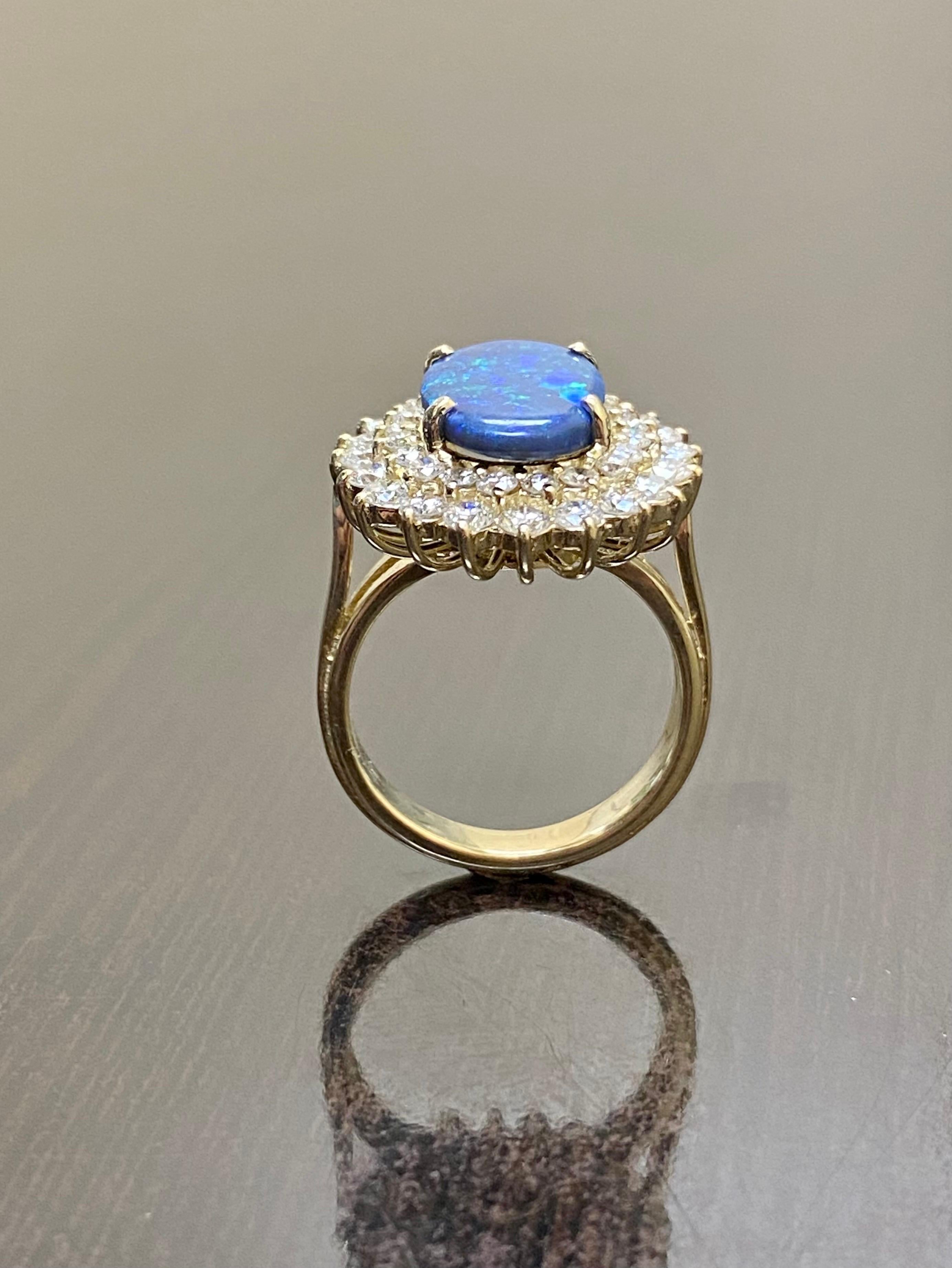 14K Yellow Gold Double Halo Diamond 2.65 Carat Oval Australian Black Opal Ring For Sale 4