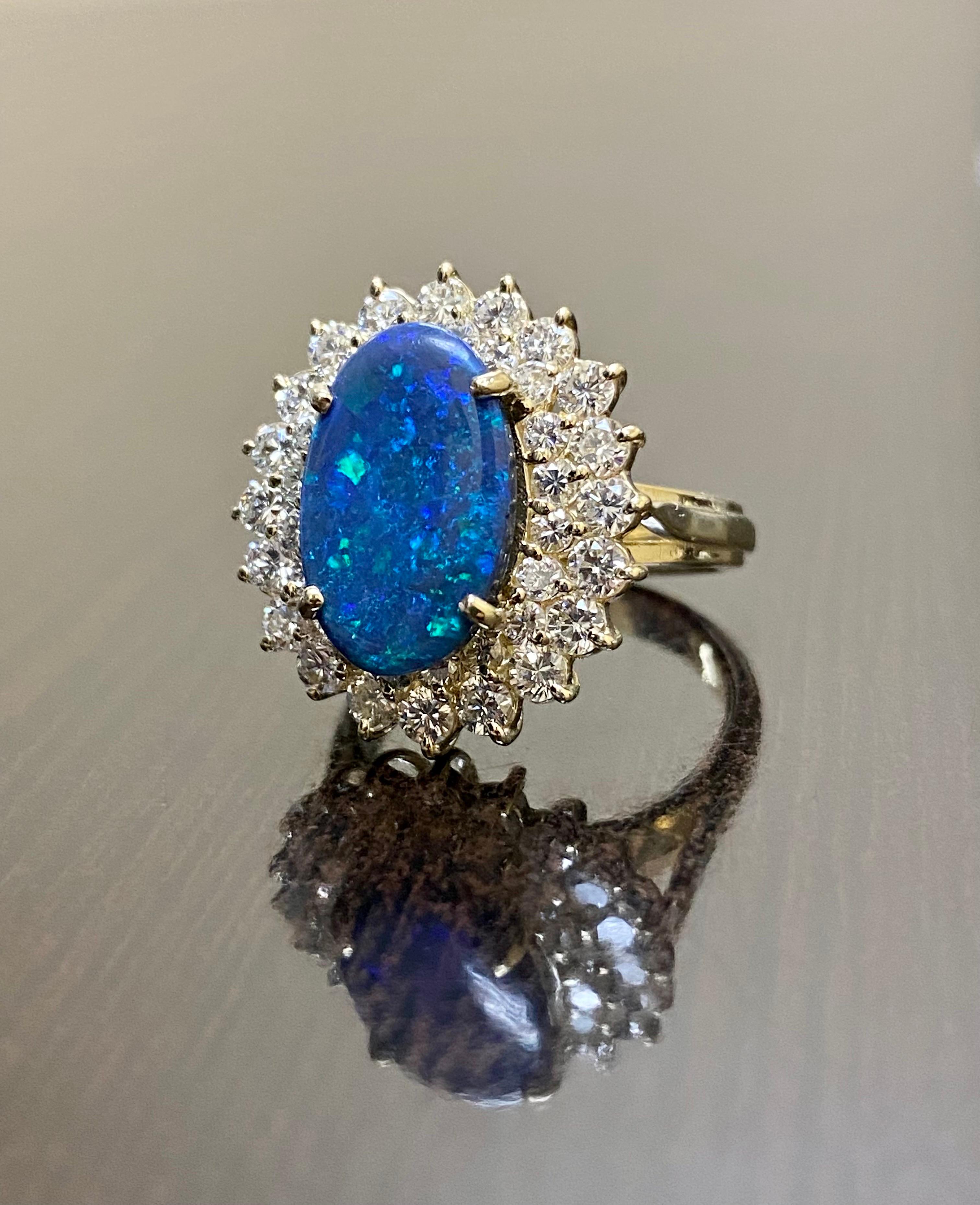 14K Yellow Gold Double Halo Diamond 2.65 Carat Oval Australian Black Opal Ring In New Condition For Sale In Los Angeles, CA