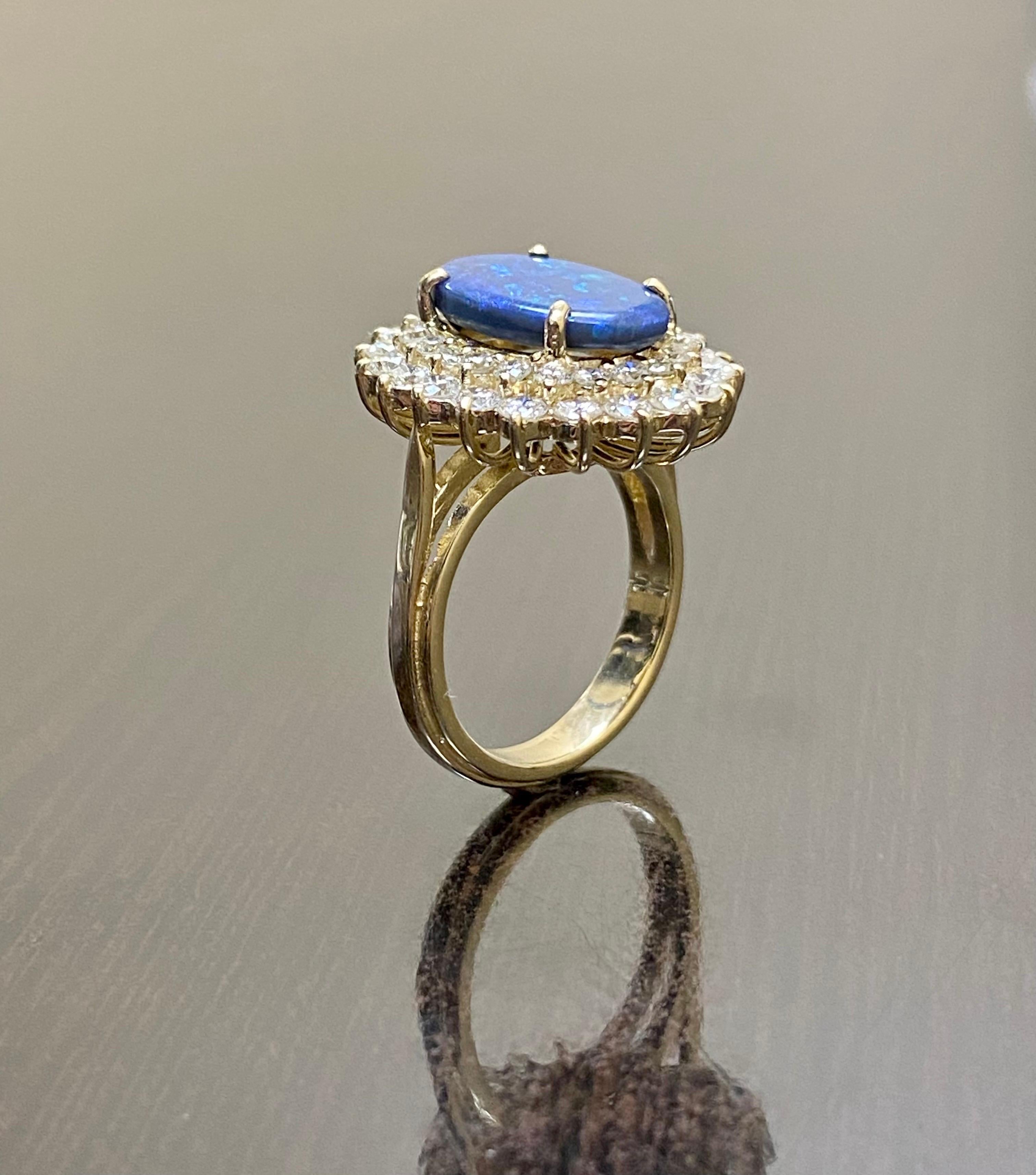 14K Yellow Gold Double Halo Diamond 2.65 Carat Oval Australian Black Opal Ring For Sale 3