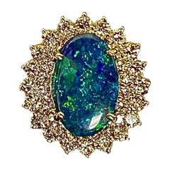 14K Gelbgold Doppel Halo Diamant 2,65 Karat Oval australischer schwarzer Opal Ring