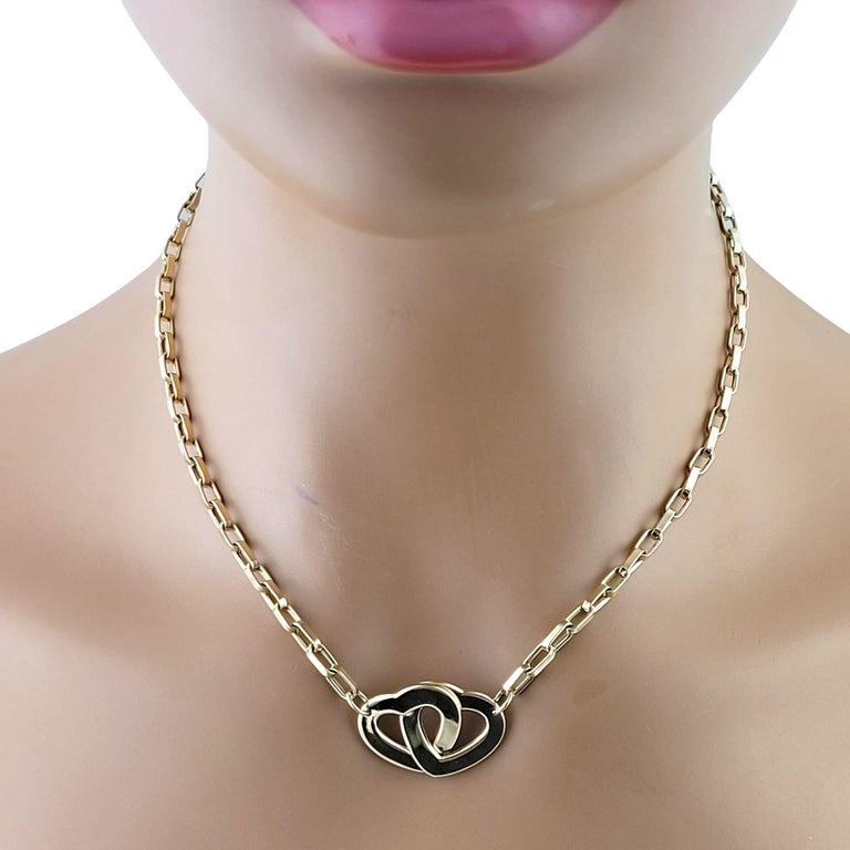 14k Yellow Gold Double Heart Chain Necklace For Sale at 1stDibs