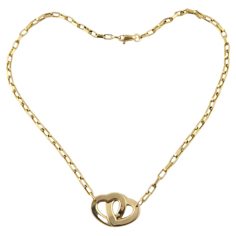 14k Yellow Gold Double Heart Chain Necklace For Sale at 1stDibs